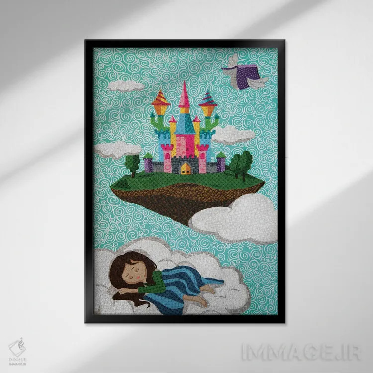 تابلو دکوراتیو قلعه روی ابر اثر پوسترهای پارچه ای پاپ اثر علی شیر - نمای قابدار مشکی