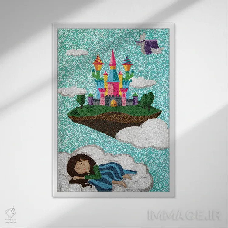 تابلو دکوراتیو قلعه روی ابر اثر پوسترهای پارچه ای پاپ اثر علی شیر - نمای قابدار سفید