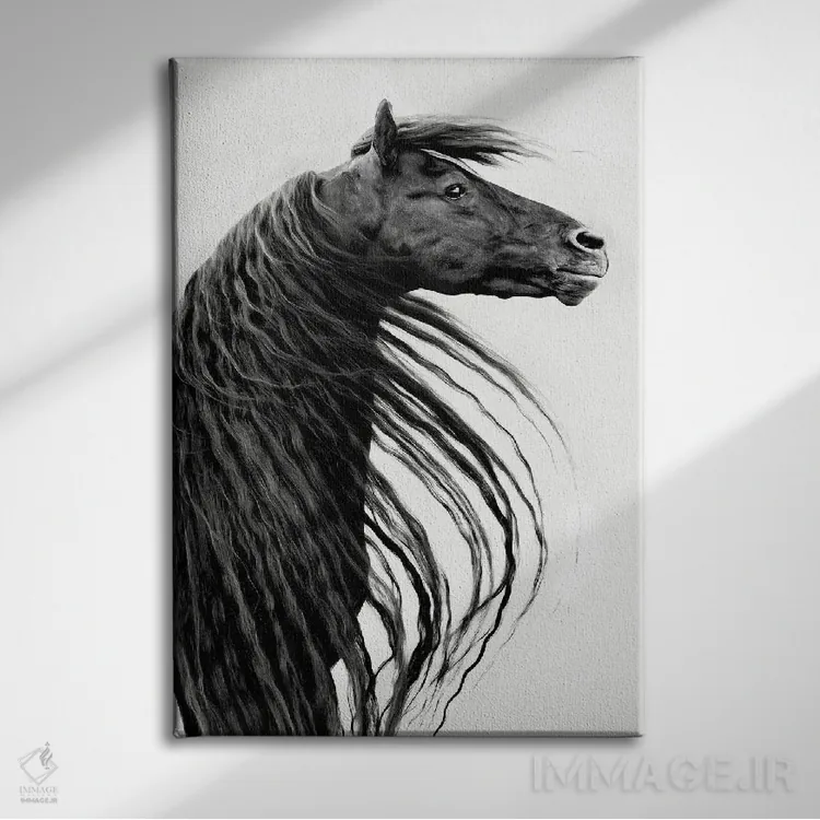تابلو دکوراتیو پرتره اسب سیاه و سفید II اثر پی اچ برچت - نمای روبهرو روی دیوار