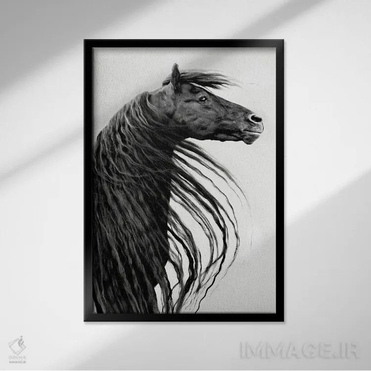 تابلو دکوراتیو پرتره اسب سیاه و سفید II اثر پی اچ برچت - نمای قابدار مشکی