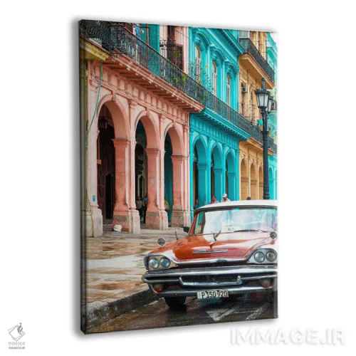 تابلو دکوراتیو "ساختمان های رنگارنگ و تاکسی قرمز" اثر فیلیپ هوگونار - نمای پرسپکتیو محصول