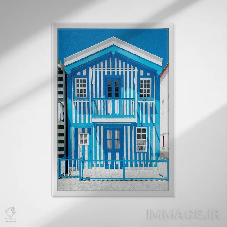 تابلو دکوراتیو "خانه با خطوط آبی" اثر فیلیپ هوگونار - نمای قابدار سفید