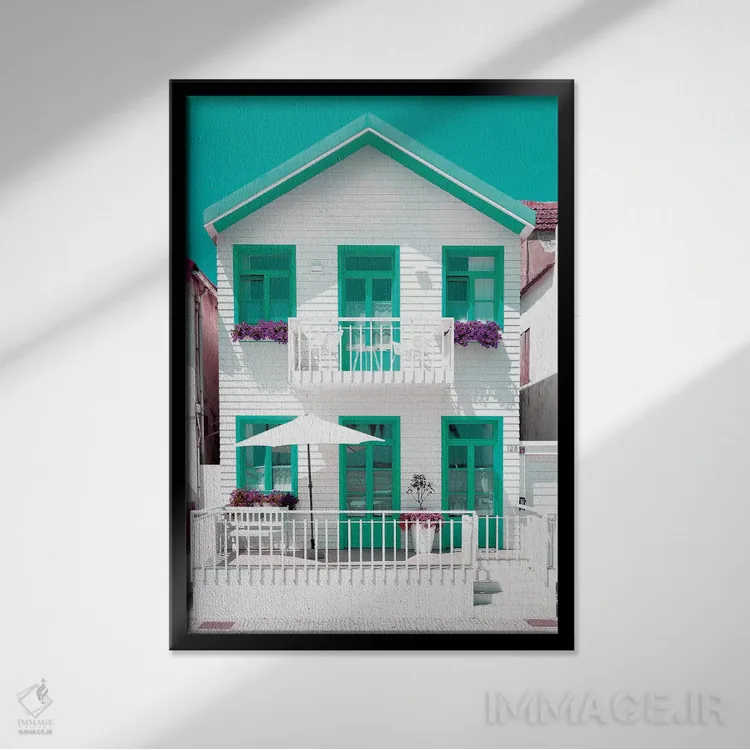تابلو دکوراتیو "خانه سفید با پنجره های سبز" اثر فیلیپ هوگونار - نمای قابدار مشکی