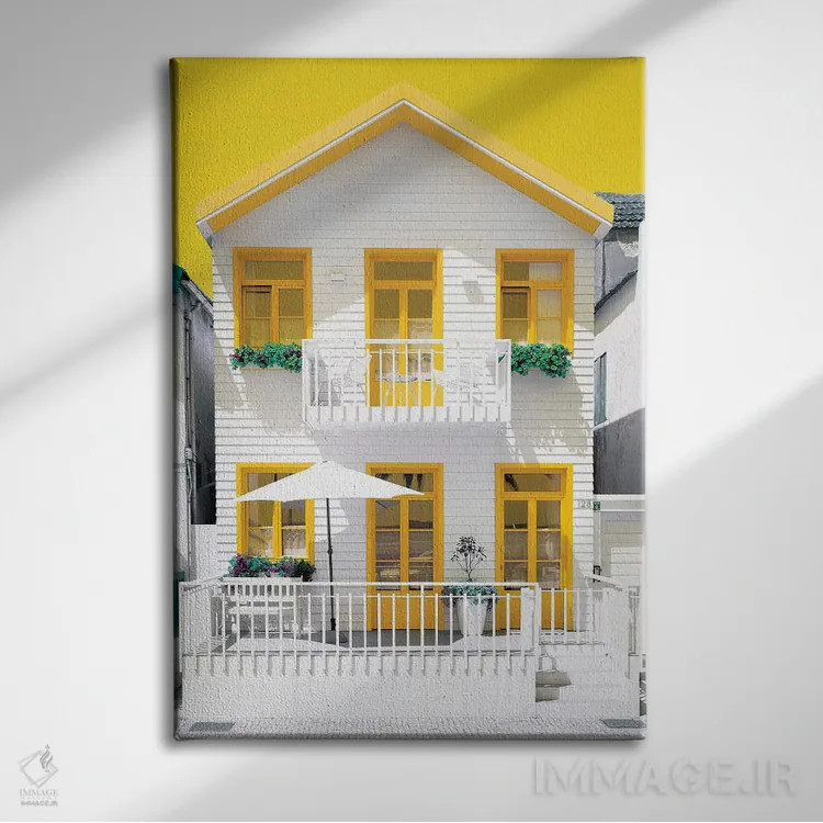تابلو دکوراتیو "خانه سفید با پنجره های زرد" اثر فیلیپ هوگونار - نمای روبهرو روی دیوار