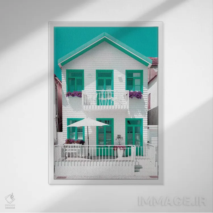 تابلو دکوراتیو "خانه سفید با پنجره های سبز" اثر فیلیپ هوگونار - نمای قابدار سفید