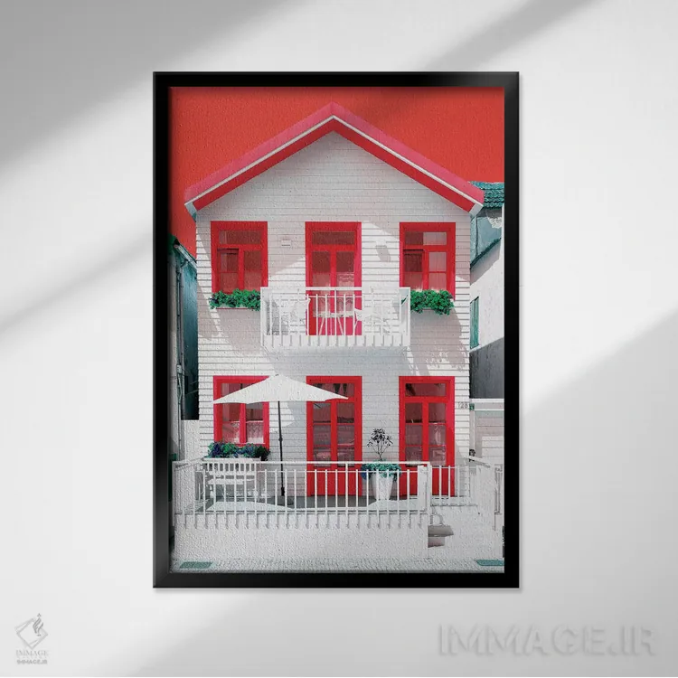 تابلو دکوراتیو "خانه سفید با پنجره های قرمز" اثر فیلیپ هوگونار - نمای قابدار مشکی