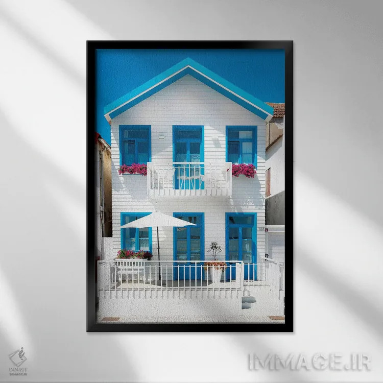 تابلو دکوراتیو "خانه سفید با پنجره های آبی" اثر فیلیپ هوگونار - نمای قابدار مشکی