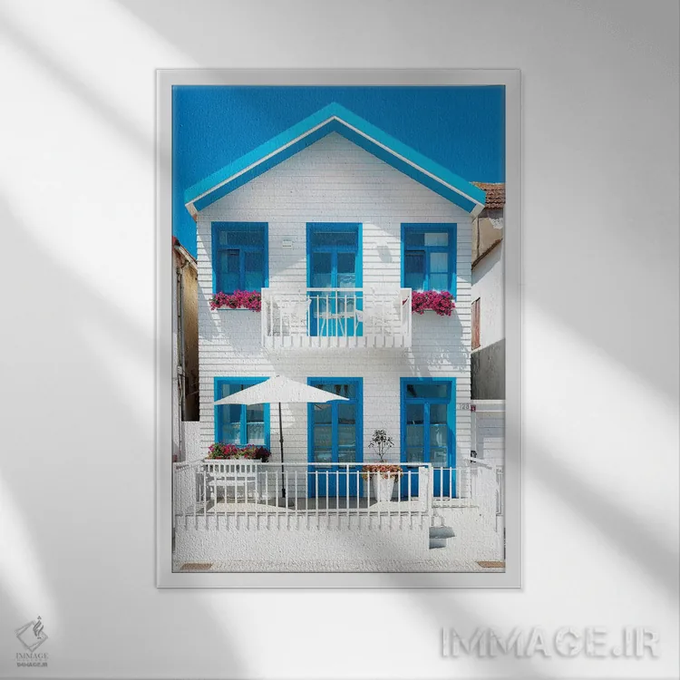 تابلو دکوراتیو "خانه سفید با پنجره های آبی" اثر فیلیپ هوگونار - نمای قابدار سفید