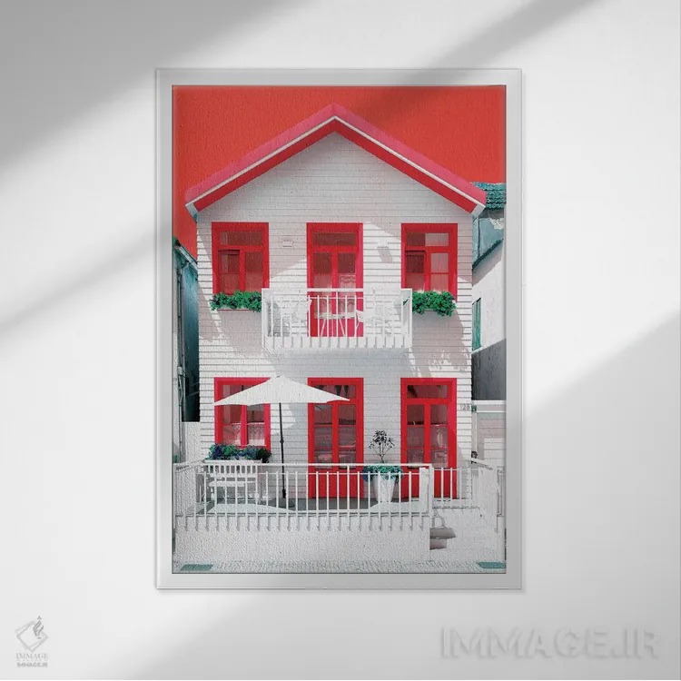 تابلو دکوراتیو "خانه سفید با پنجره های قرمز" اثر فیلیپ هوگونار - نمای قابدار سفید