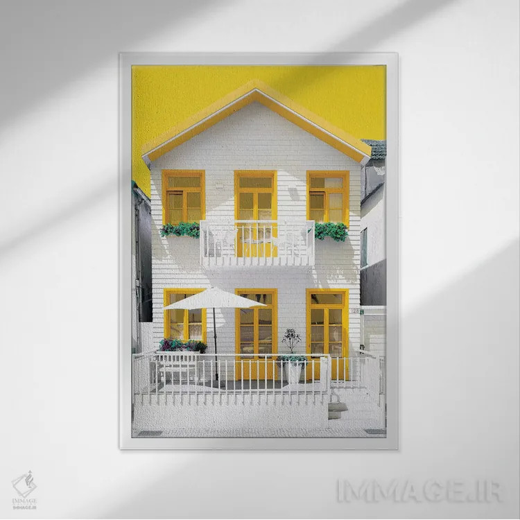 تابلو دکوراتیو "خانه سفید با پنجره های زرد" اثر فیلیپ هوگونار - نمای قابدار سفید