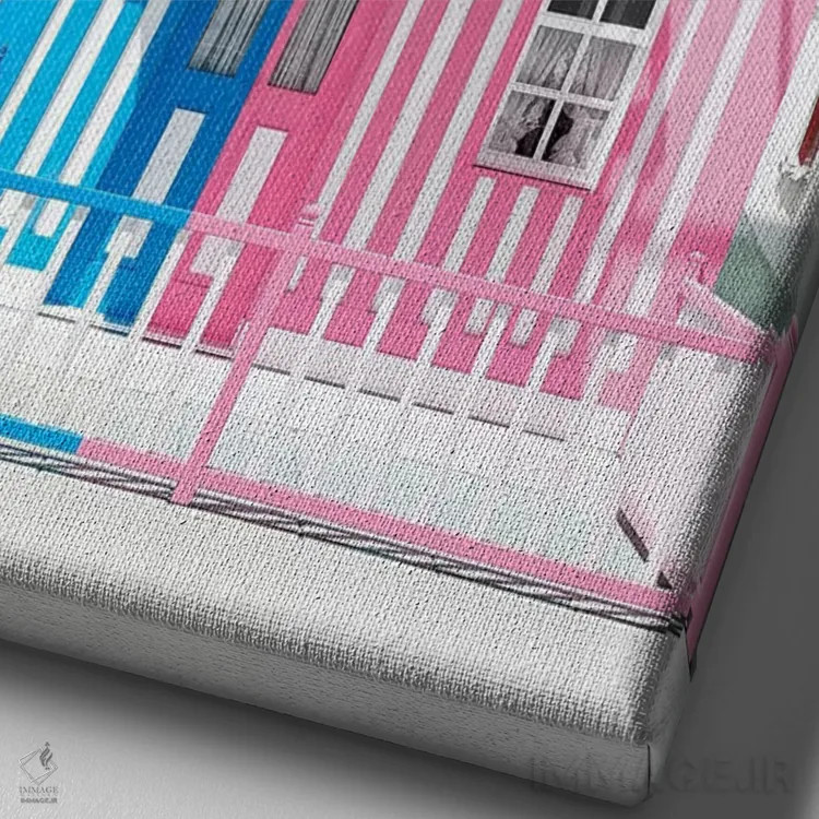 تابلو دکوراتیو "خانه راه راه رنگارنگ آبی و صورتی" اثر فیلیپ هوگونار - نمای نزدیک بافت بوم
