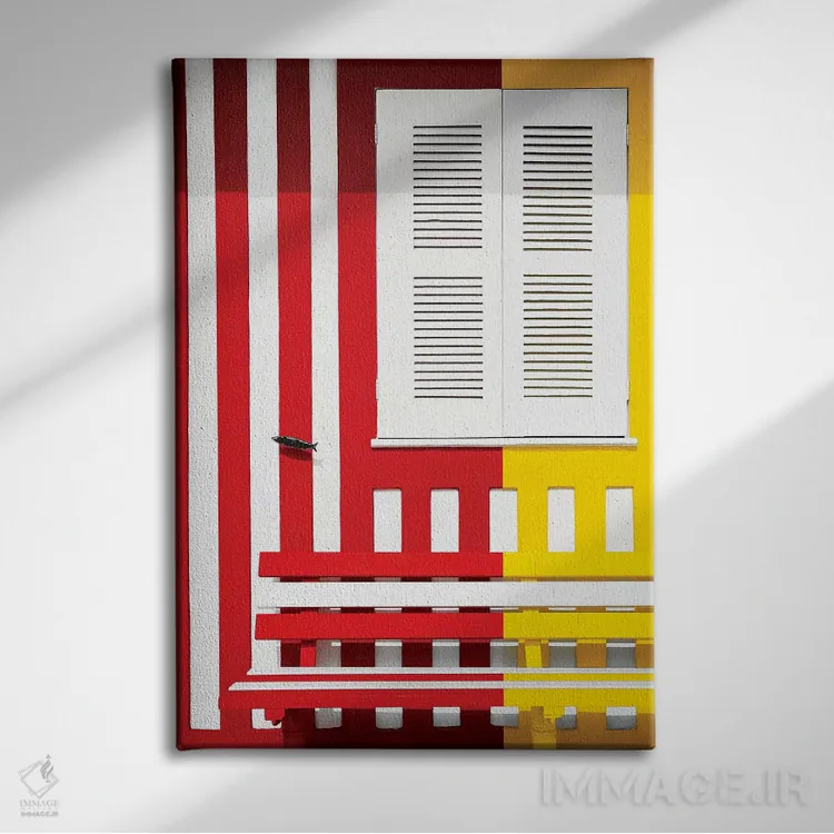 تابلو دکوراتیو "جبهه رنگارنگ با خطوط قرمز و زرد" اثر فیلیپ هوگونار - نمای روبهرو روی دیوار