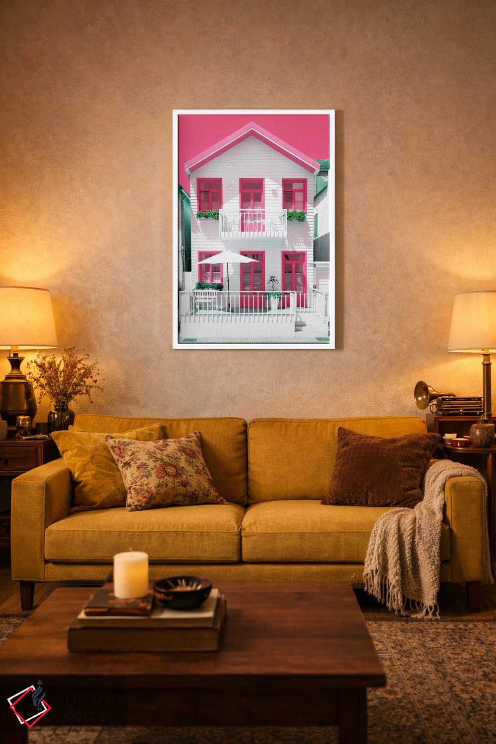 تابلو دکوراتیو "خانه سفید با پنجره های صورتی" اثر فیلیپ هوگونار - D1W