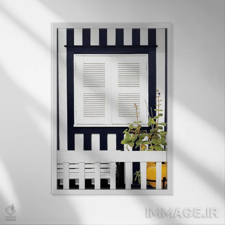 تابلو دکوراتیو "نمای خارجی خانه با خطوط آبی دریایی" اثر فیلیپ هوگونار - نمای قابدار سفید