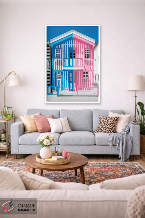 تابلو دکوراتیو "خانه راه راه رنگارنگ آبی و صورتی" اثر فیلیپ هوگونار - D1W
