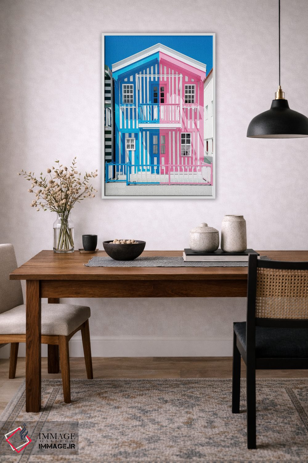تابلو دکوراتیو "خانه راه راه رنگارنگ آبی و صورتی" اثر فیلیپ هوگونار - D2W