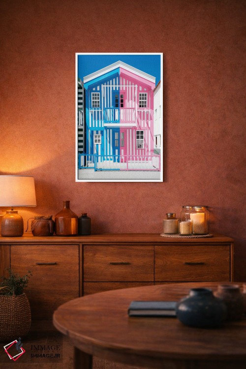 تابلو دکوراتیو "خانه راه راه رنگارنگ آبی و صورتی" اثر فیلیپ هوگونار - D3W