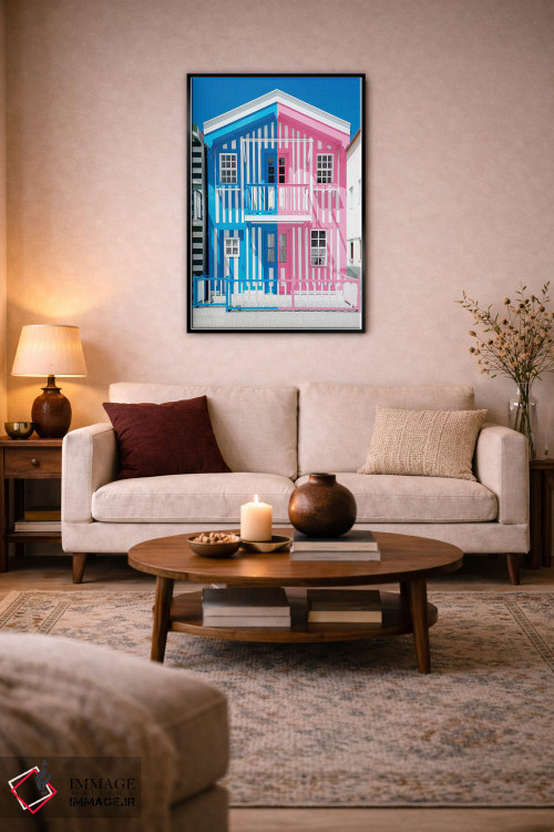 تابلو دکوراتیو "خانه راه راه رنگارنگ آبی و صورتی" اثر فیلیپ هوگونار - D4B