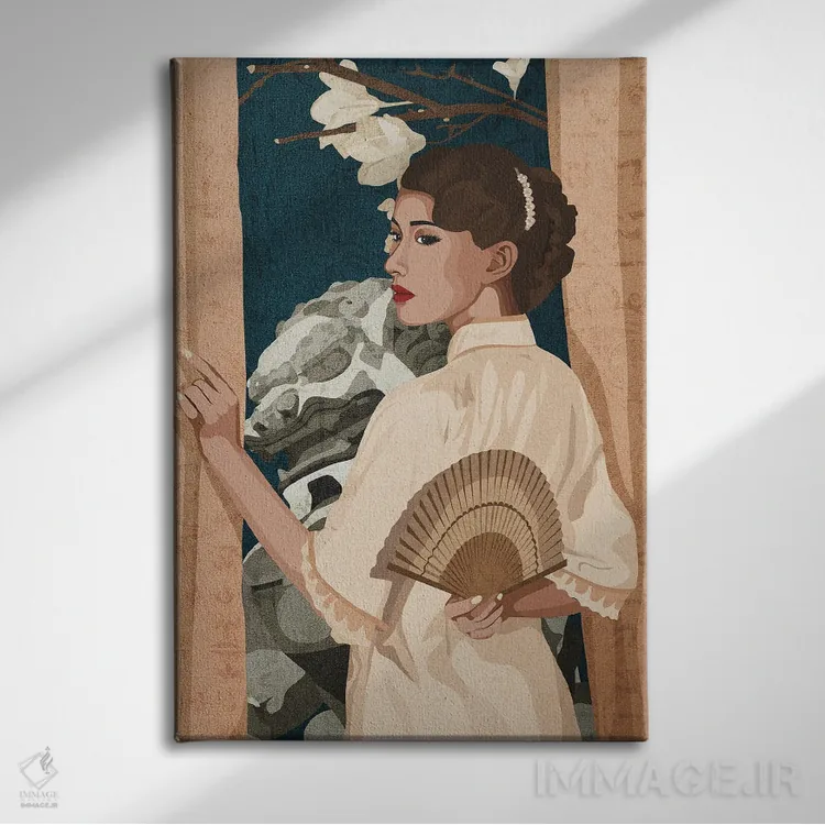 تابلو دکوراتیو زیبایی چینی در کنار پنجره اثر فونگ بان - نمای روبهرو روی دیوار