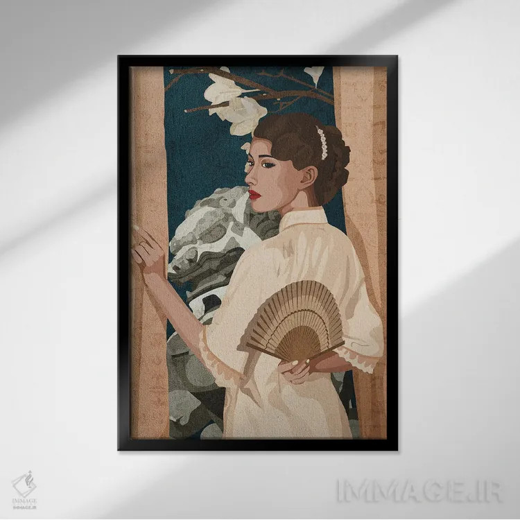 تابلو دکوراتیو زیبایی چینی در کنار پنجره اثر فونگ بان - نمای قابدار مشکی
