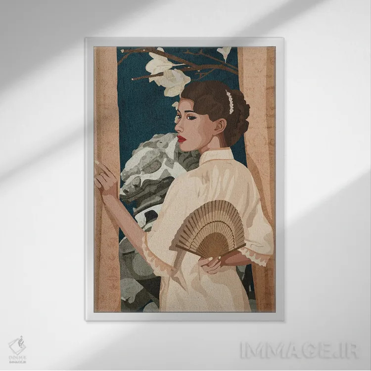 تابلو دکوراتیو زیبایی چینی در کنار پنجره اثر فونگ بان - نمای قابدار سفید