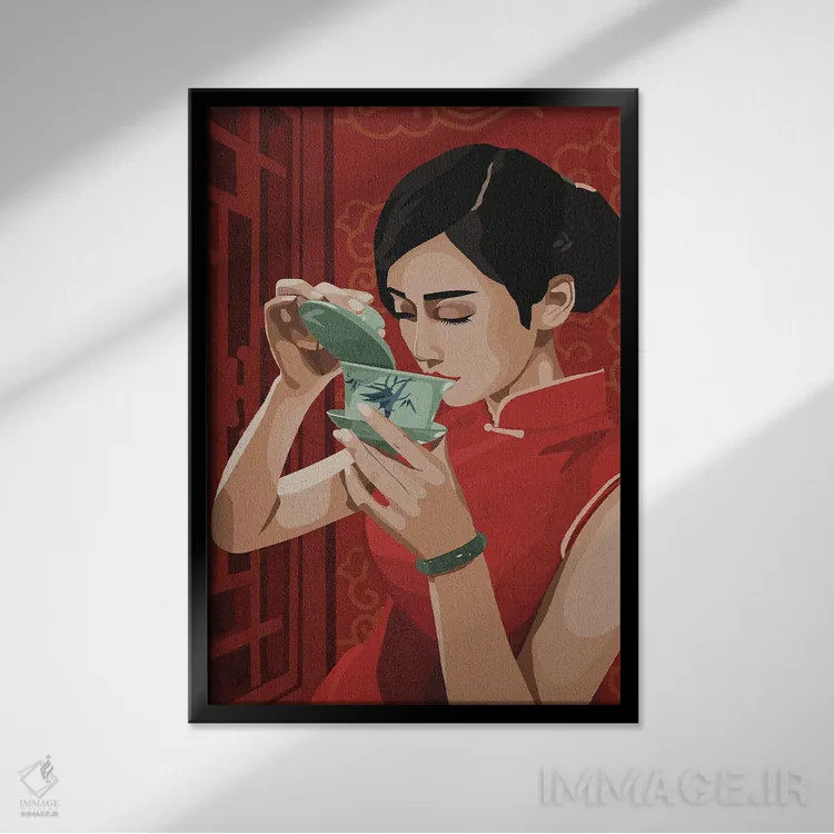 تابلو دکوراتیو نوشیدن چای اثر فونگ بان - نمای قابدار مشکی