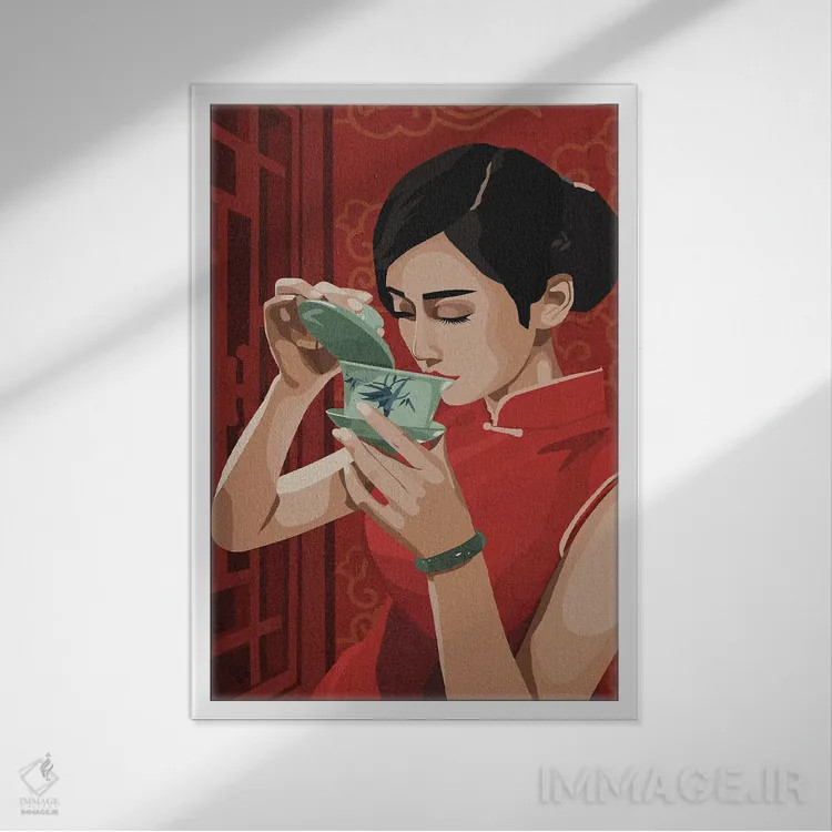 تابلو دکوراتیو نوشیدن چای اثر فونگ بان - نمای قابدار سفید