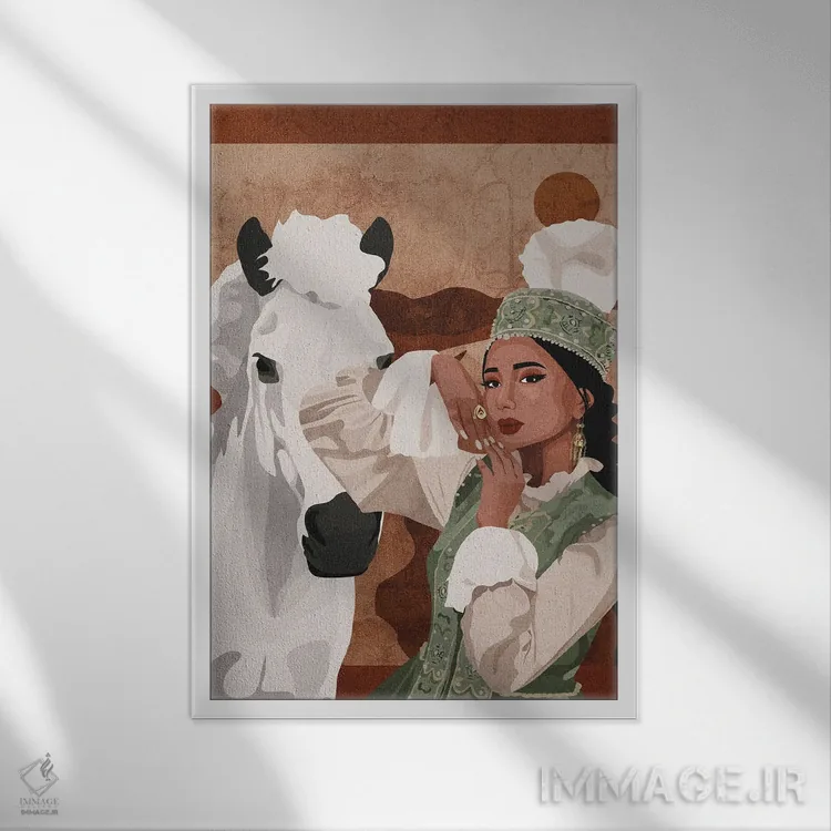 تابلو دکوراتیو زن قزاق اثر فونگ بان - نمای قابدار سفید