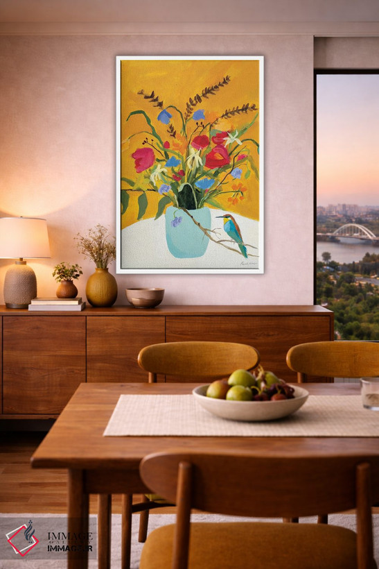 تابلو انتزاعی گل های پاییزی با پرنده اثر پاملا مانگر - D5W