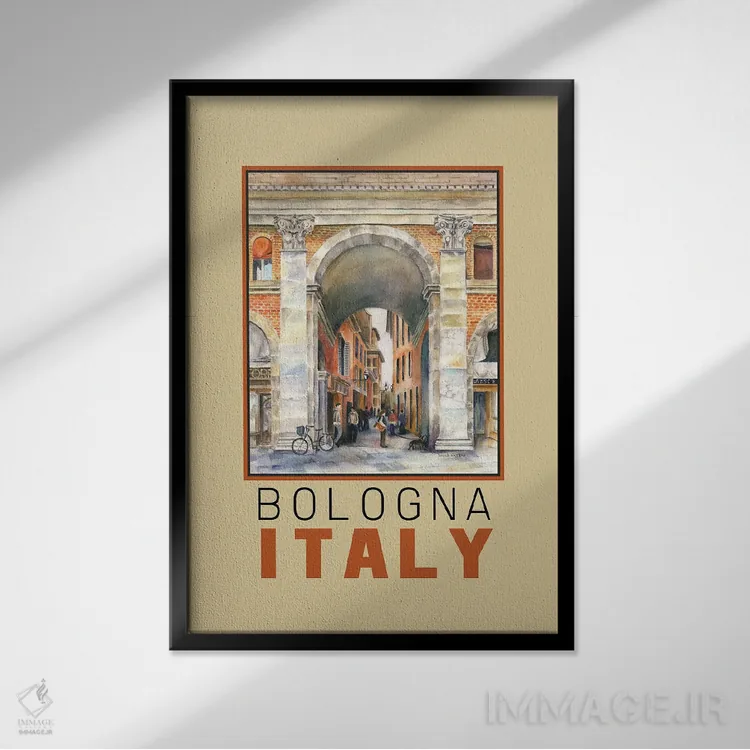تابلو دکوراتیو Italy Arch Travel Poster,پوستر سفر طاق بولونیا ایتالیا اثر پائولا ناتان - نمای قابدار مشکی