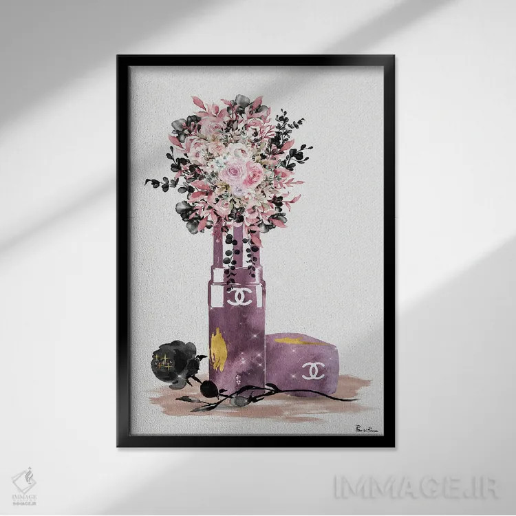 تابلو دکوراتیو گلدان رژلبی بنفش روشن اثر پوماکای بارون - نمای قابدار مشکی