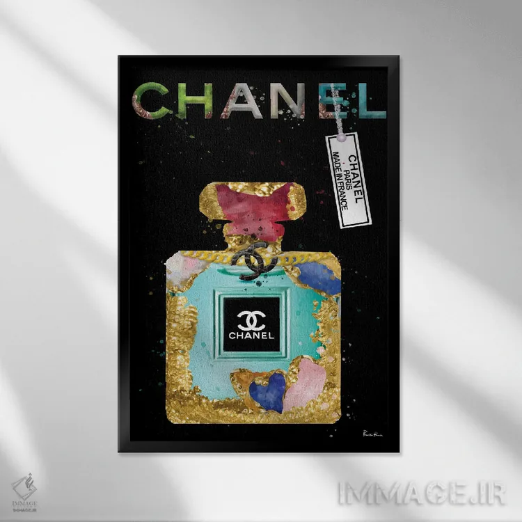 تابلو دکوراتیو بطری عطر فیروزه ای جواهرنشان فشن اثر پوماکای بارون - نمای قابدار مشکی