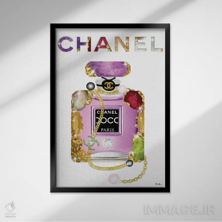 تابلو دکوراتیو همه چیز درباره جواهرات و بطری عطر مد است اثر پوماکای بارون - نمای قابدار مشکی