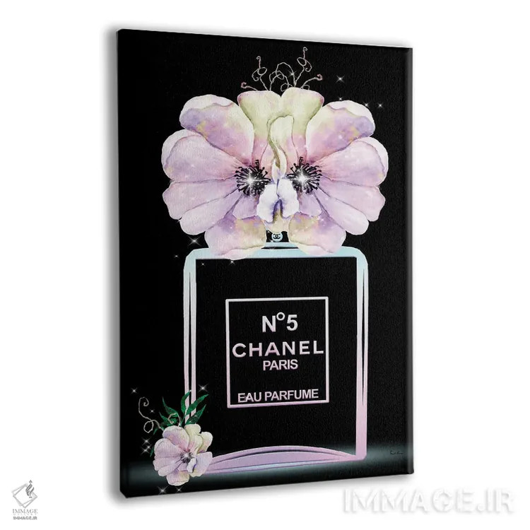 تابلو دکوراتیو بطری عطر مد پاستلی و گل شقایق اثر پوماکای بارون - نمای پرسپکتیو محصول
