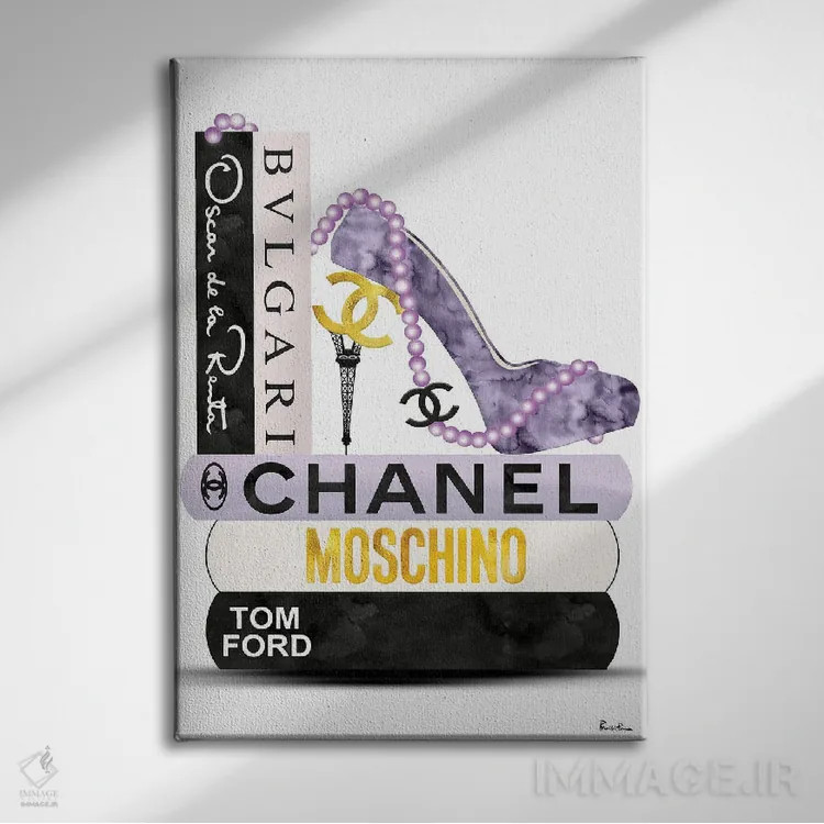 تابلو دکوراتیو Black & Gold High Heel On Fashion Book Stack,کفش پاشنه بل… اثر پوماکای بارون - نمای روبهرو روی دیوار