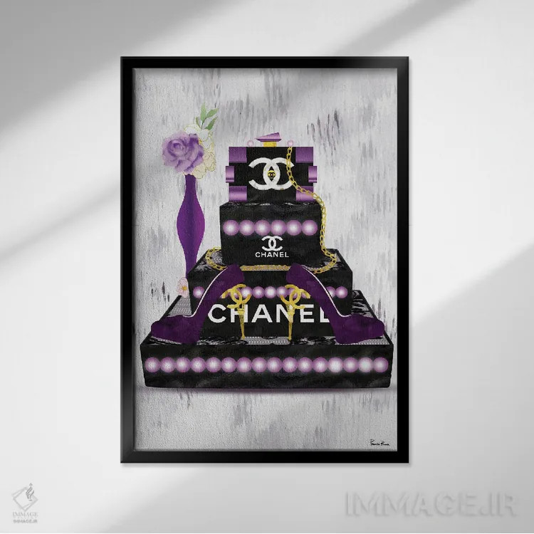 تابلو دکوراتیو کیف لگو بنفش مد و کفش های پاشنه بلند برج ایفل اثر پوماکای بارون - نمای قابدار مشکی