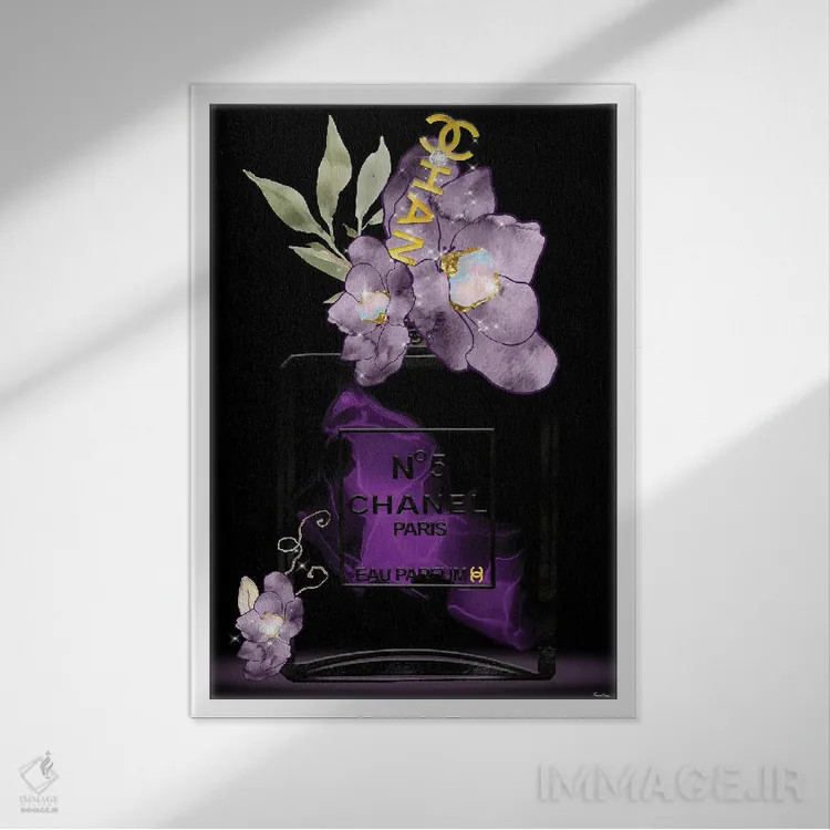 تابلو دکوراتیو بطری عطر مد با طیف های بنفش اثر پوماکای بارون - نمای قابدار سفید