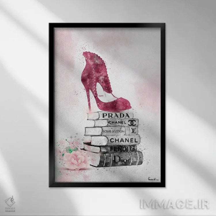 تابلو دکوراتیو کفش پاشنه بلند بوبو روی دسته کتاب اثر پوماکای بارون - نمای قابدار مشکی