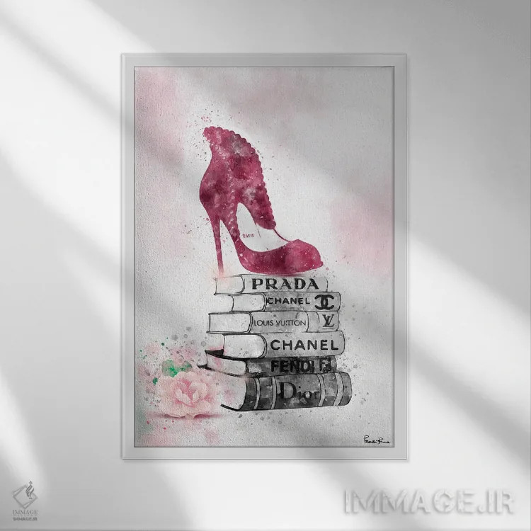 تابلو دکوراتیو کفش پاشنه بلند بوبو روی دسته کتاب اثر پوماکای بارون - نمای قابدار سفید