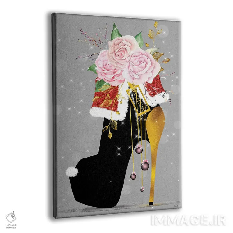 تابلو دکوراتیو کفش پاشنه بلند کریسمس مشکی و طلایی با گل رز صورتی اثر پوماکای بارون - نمای پرسپکتیو محصول