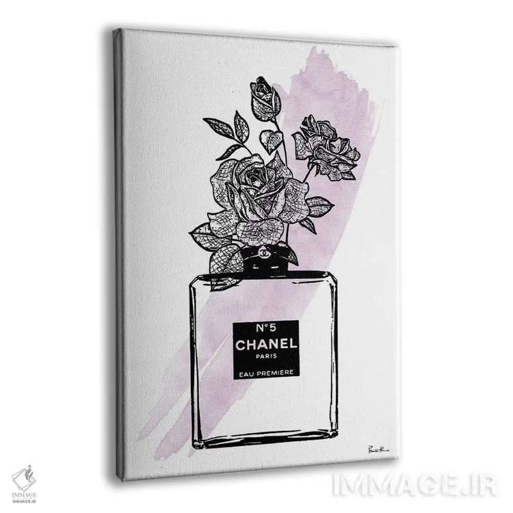 تابلو دکوراتیو گلدان بطری عطر رز با بافت متقاطع اثر پوماکای بارون - نمای پرسپکتیو محصول