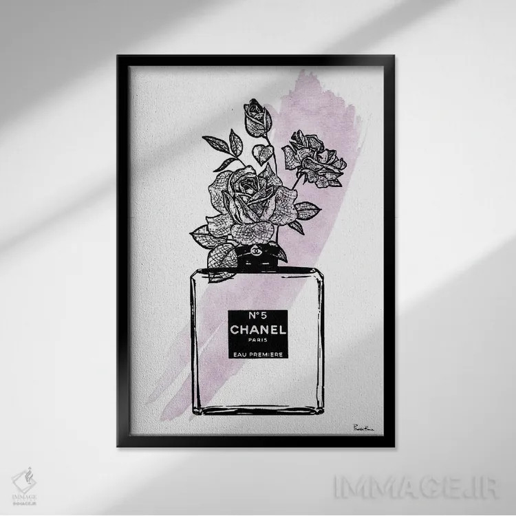 تابلو دکوراتیو گلدان بطری عطر رز با بافت متقاطع اثر پوماکای بارون - نمای قابدار مشکی