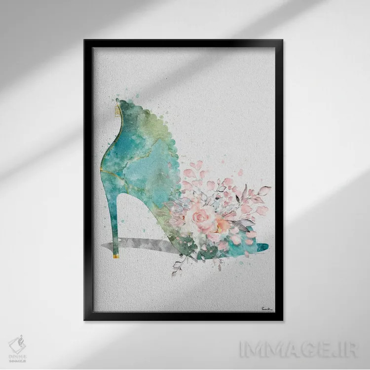 تابلو مدرن کفش پاشنه بلند انتزاعی دسته گل کثیف با گل رز صورتی اثر پوماکای بارون - نمای قابدار مشکی