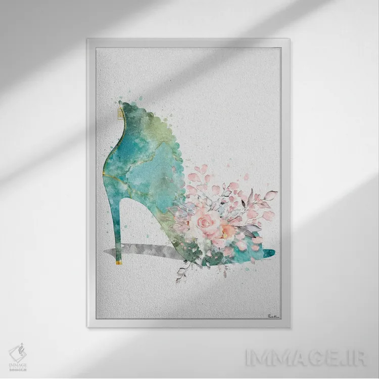 تابلو مدرن کفش پاشنه بلند انتزاعی دسته گل کثیف با گل رز صورتی اثر پوماکای بارون - نمای قابدار سفید