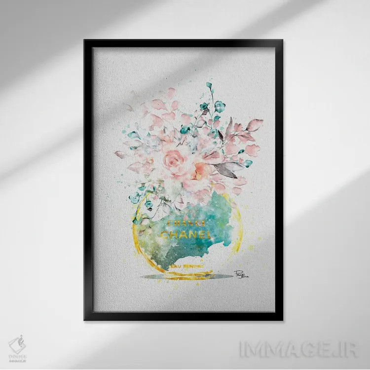 تابلو مدرن شیشه عطر گرد انتزاعی دسته گل کثیف با گل های رز صورتی لطیف اثر پوماکای بارون - نمای قابدار مشکی