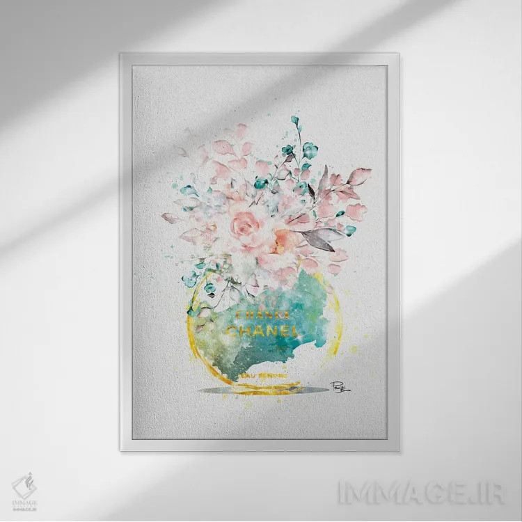 تابلو مدرن شیشه عطر گرد انتزاعی دسته گل کثیف با گل های رز صورتی لطیف اثر پوماکای بارون - نمای قابدار سفید