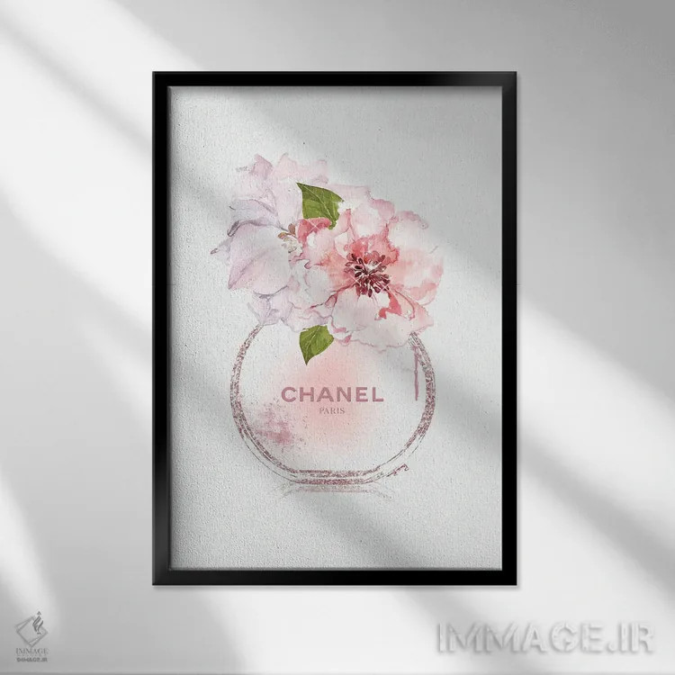 تابلو دکوراتیو شیشه عطر گرد با گل صدتومانی رنگ پاستلی اثر پوماکای بارون - نمای قابدار مشکی