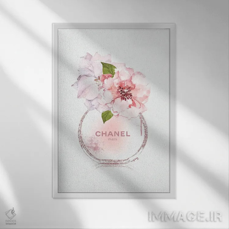 تابلو دکوراتیو شیشه عطر گرد با گل صدتومانی رنگ پاستلی اثر پوماکای بارون - نمای قابدار سفید