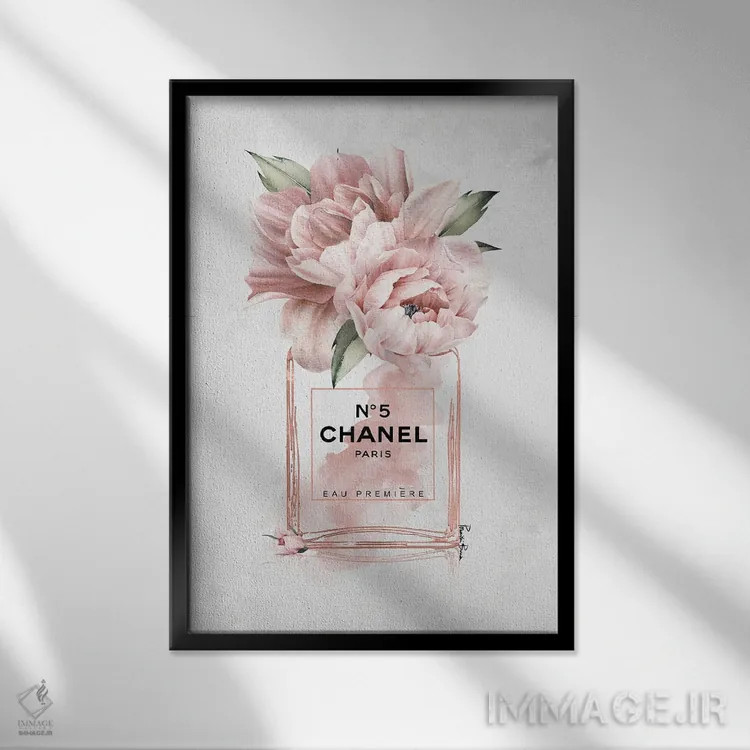 تابلو دکوراتیو شیشه عطر N. 05 با گل صدتومانی و رنگ سرخ شده اثر پوماکای بارون - نمای قابدار مشکی
