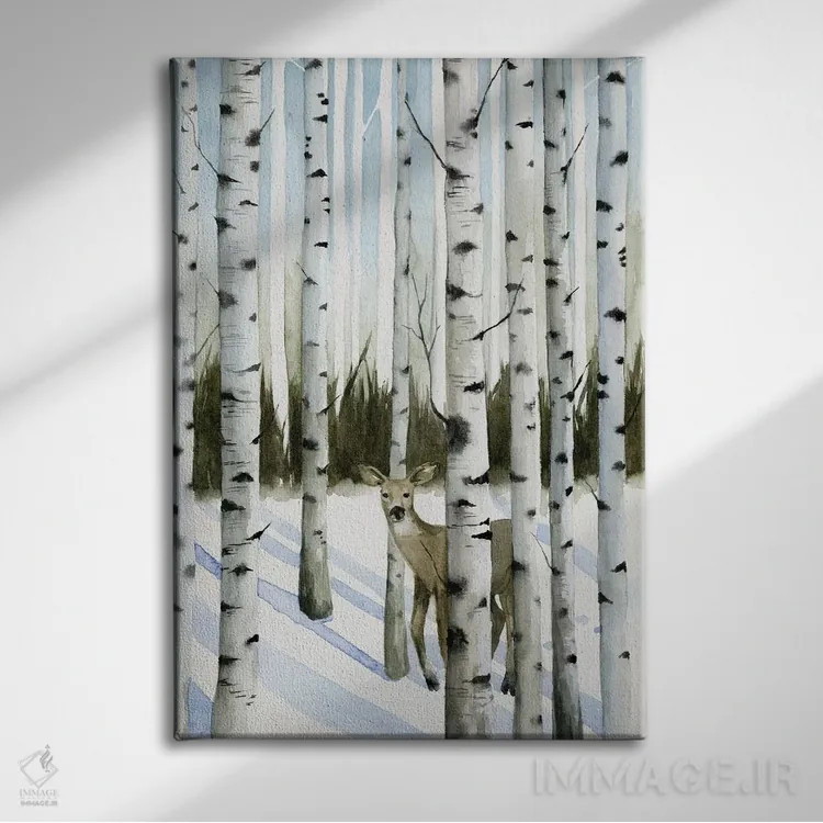 تابلو دکوراتیو گوزن در برف ۲ اثر گریس پاپ - نمای روبهرو روی دیوار